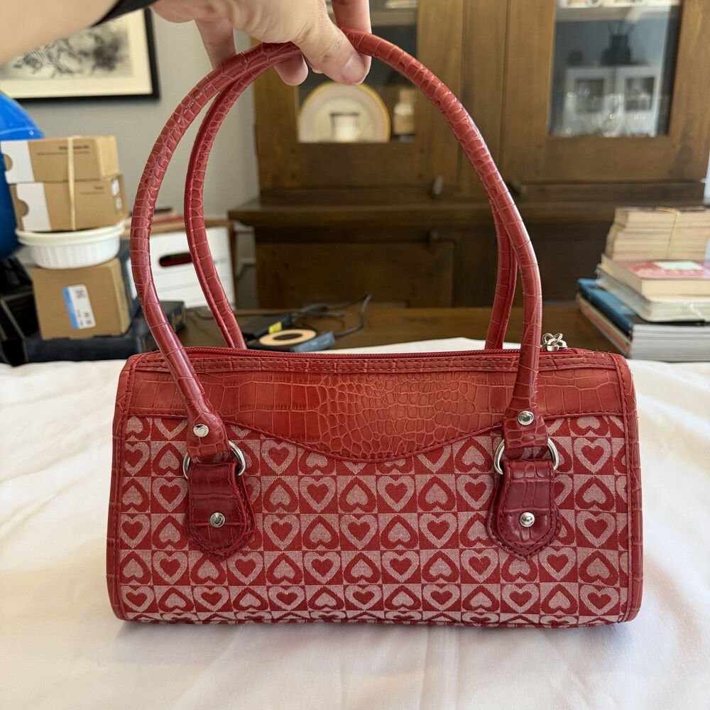 Brighton Vintage Y2K Red Heart Jacquard Croc Satchel Shoulder Bag Purse